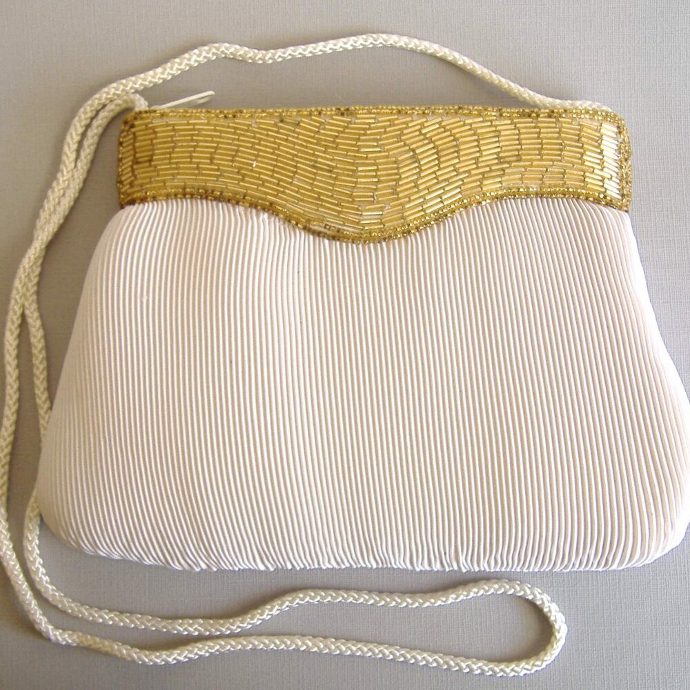 Gold Beaded Purse Evening Bag Handbag White Pleated Rayon Clutch Shoulder Strap